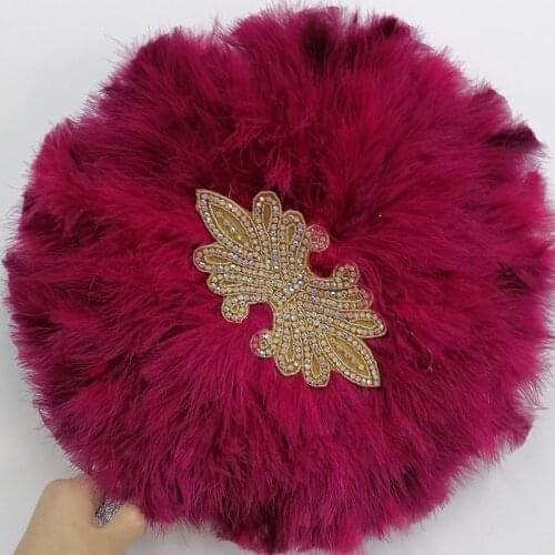 Esewing 1Pc/bag 2021 Stones Double-Side Wine African Soft Feather Hand Fan and Gold Handle Dance Fans for Party Or Wedding