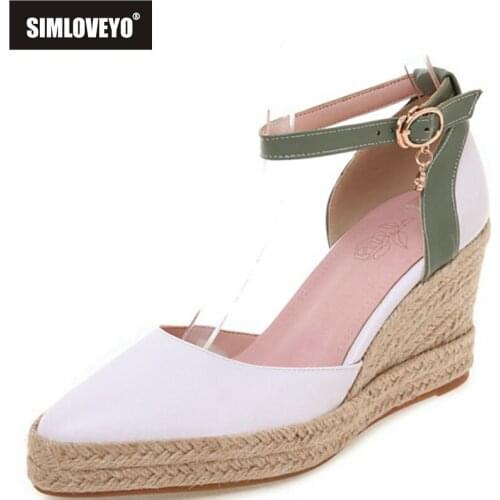 SIMLOVEYO 2021 Fisherman Espadrilles Pump Cover Heel Ankle Buckle Strap Rattan Wedges Pointed Toe 7.5cm Size 32-44 Beige A4176