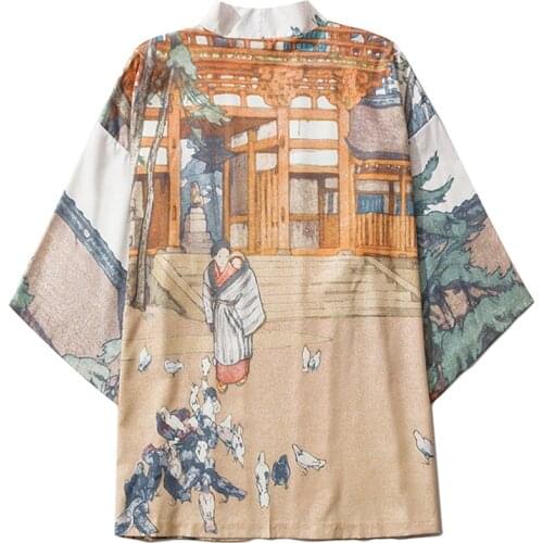 Japanese Style Women Men Vintage Print Cardigan Shirt National Traditional Yukata Asian Clothing Haori Obi Blouse Cosplay Kimono