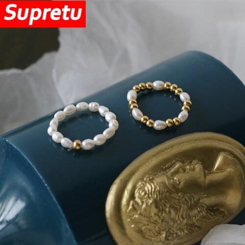 Supretu 2021 Trend Natural Freshwater Pearl Rings Plating 18k Gold Beads Finger Ring for Women Romantic Wedding Party Jewellery