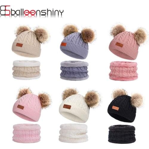 Balleenshiny Kids Winter Hat and Scarf Gloves Set Beanie Cap Childrens Hats Girls Caps Fake Ball Pompon Keep Warm Kids Bone