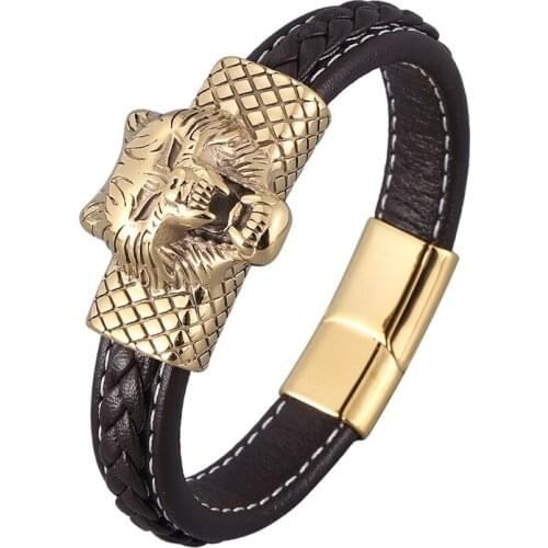 New Handmade Punk Brown Woven Leather Bracelet Men Jewelry Stainless Steel Wolf Head Magnetic Clasp Vintage Bangles Gift PD0889