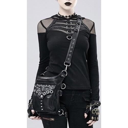 Cool SteamPunk Leather Waist Bag Retro black Crossbody Bag Rock Men Women Gothic Black Fanny Packs Fashion Motorcycle Leg Bags