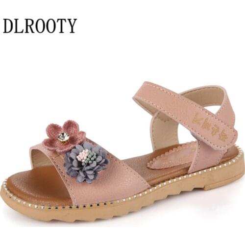 Summer Children Sandals Shoes Girls Appliques Flower Princess Kids Party Fashion Beach Hook & Loop Flat Toddler Baby