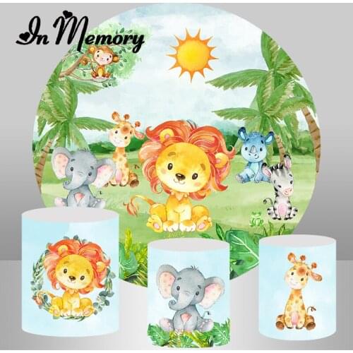 InMemory Cute Cartoon Animals Safari Jungle Round Backdrop Cover Forest Kids Baby Shower Newborn 1st Birthday Circle Background