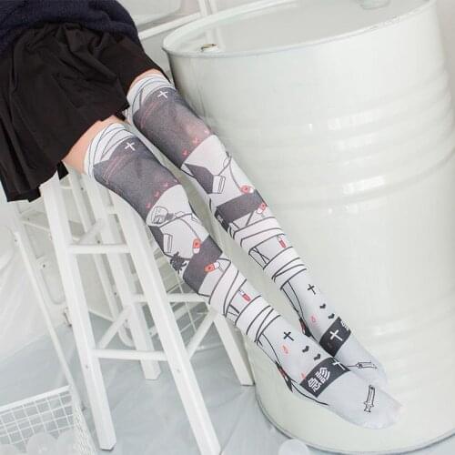 New Fashion Women Japanese Sexy Stockings 3D Printed Cartoon Anime Schoolgirl Long Gray Silk Thin High Knee Stockings For Gift