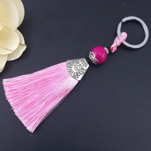 Wholesale 14cm pink Tassel Charms Ice Silk Key Ring With Beads Pendant Key buckle Satin Tassels Jewelry Making 10pcs