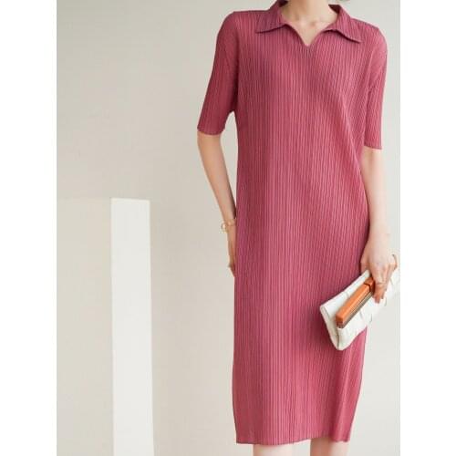 2021 autumn Miyake pleated casual dress short sleeve temperament mid-length Polo collar long skirt folda skinny dress