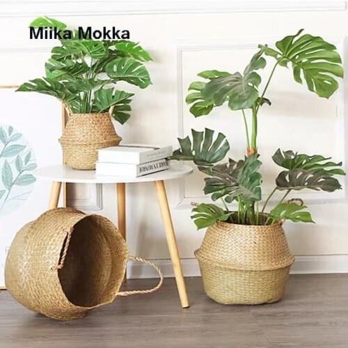 Pastoral Handmade Storage Baskets Laundry Straw Patchwork Wicker Rattan Seagrass Belly Garden Flower Pot Planter Basket