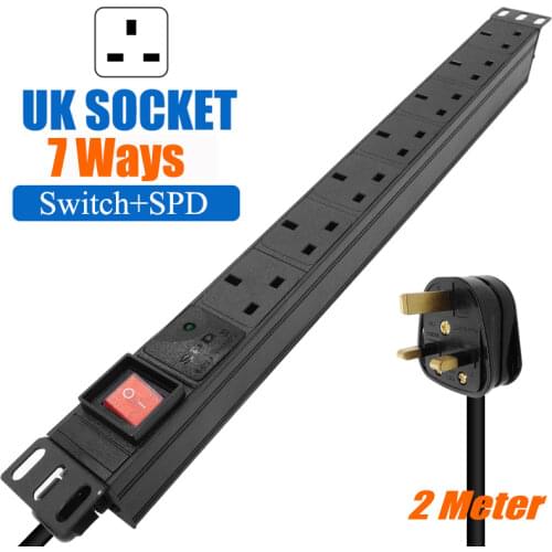19inch PDU Power Distribution Unit 13A 250V 3Pin UK Socket Plug Network Cabinet Rack Aluminium Alloy Power 2M Extension Socket
