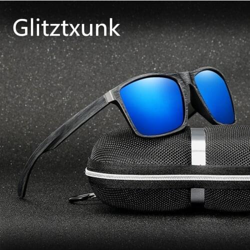 Glitztxunk Retro Polarized Sunglasses Women Men Imitation Wood Square Brand Designer Sun Glasses Sports Goggles oculos de sol