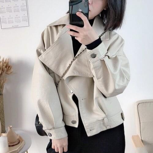 2020 New Spring Women Short Leather Jacket Fashion Loose Casual Long Sleeved Army Green Faux Leather Outwear Ladies Basic Jacket