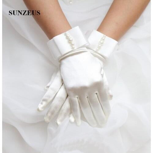 5 Pair/lot White/Ivory Satin Gloves for Bridal Full Finger Wrist Length Pearls Women Party Gloves ccesoire mariage G73