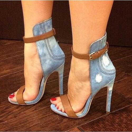 KALMALL Rome Style Blue Denim Women Shoes Open Toe High Heels Gladiator Sandals Ankle Buckle Strap Stiletto Heels Women Pumps