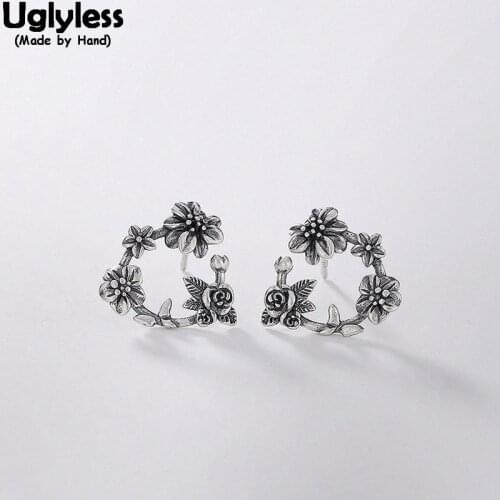 Uglyless 100% Real Solid 925 Sterling Silver Fine Jewelry for Women Handmade Thai Silver Garland Studs Vintage Flowers Earrings
