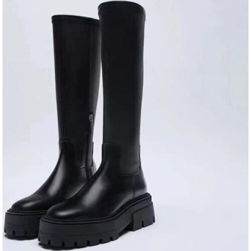 2021 Winter Women Long Boots Black ZA Grooving Sole Knee High Boots Fashion Brand Designer New Platform Motorcycle Boots Women