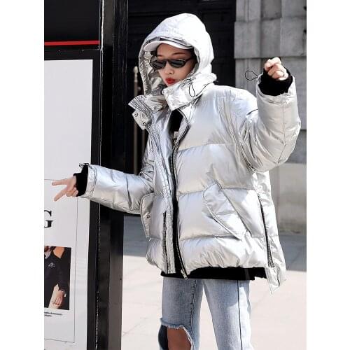 Thicken 90% White Duck Down Thicken Coat Woman Winter 2019 Fashion Shiny Black/Silver Down Jacket Hooded Snow Outerwear