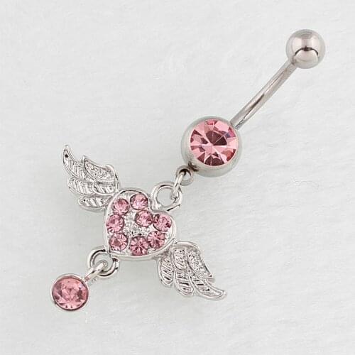 Women Fashion Piercing Pink Color Crystal Heart Wing Belly Navel Ring Dangle Personality Body Jewelry Accessories New Trend