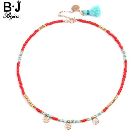 BOJIU Bohemian Short Collar Chokers Necklaces For Women Adjustable Bijou Ethnic Acrylic Beads Miyuki Statement Necklace NKS227