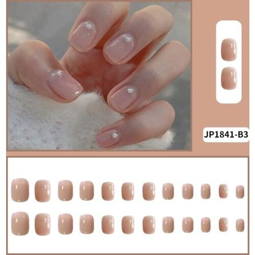 24Pcs False Nail DIY Slider Crystal Elegant Pink Pearl French Short Nails Round Shape Short Fake Nail Fully Covered Nail Decor