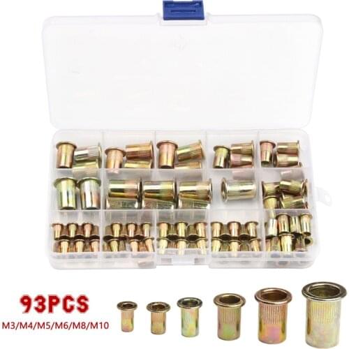 93Pcs Aluminum Rivet Nut M3 M4 M5 M6 M8 M10 Aluminum Alloy Rivnut Flat Head Threaded Rivet Insert Nutsert Cap Rivet Nut