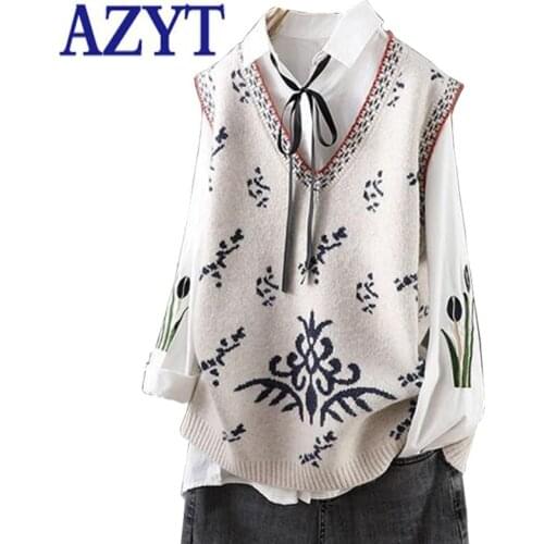 AZYT Fashion Pullover V Neck Sweater Vest Women Vintage Style Chic Print Knit Sleeveless Jacket Female 2021 Casual Knitwear Tops