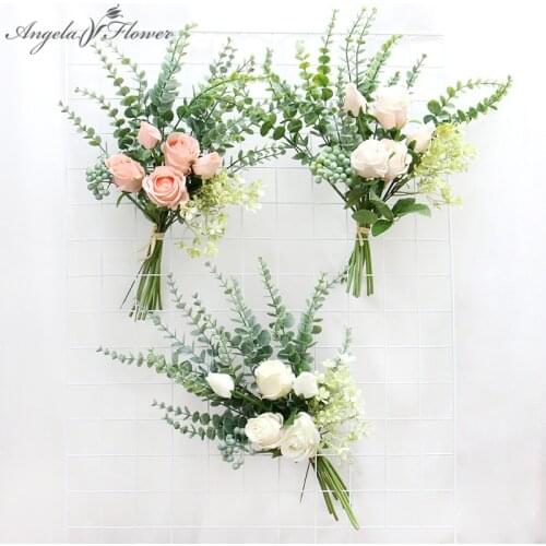 Bulgarian Rose Eucalyptus Mixed Bouquet Valentines Day Gift Wedding Room Home Table Decoration Fake Rose Flower Wall Materials