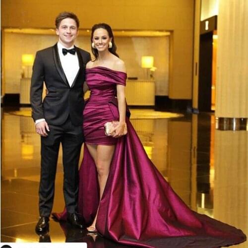 Fuchsia Off The Shoulder Long Prom Gowns Plus Size Formal Dresses Elegant Hot Pink High Low Satin Evening Dresses