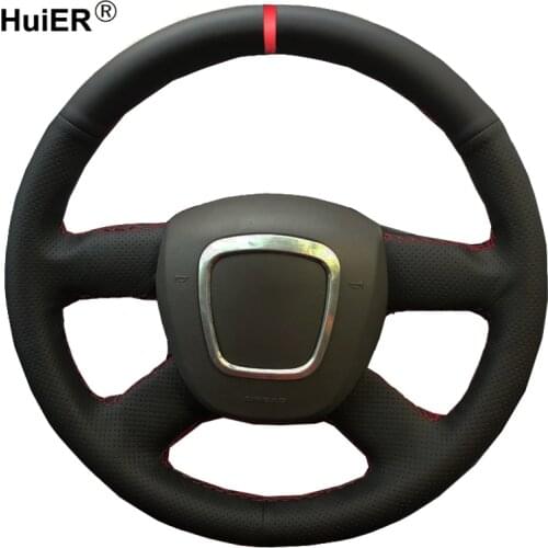 HuiER Hand Sew Car Steering Wheel Cover Red Marker For Audi Old A4 B7 B8 A6 C6 2004-2011 Q5 2008-2012 Q7 2005-2011 (No Button)