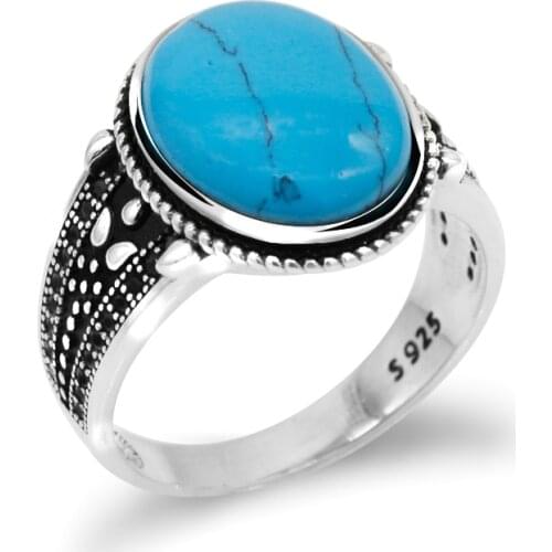 Turquoise Ring for Men 925 Sterling Silver with Sky Blue Stone Life Track Significance Rings for Male Women Vintage Jewelry Gift
