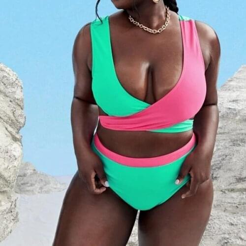 Plus Size Colorful Tankini Bikini Set 2020 Stripe Bathing Suit Swimwear Two Pieces Halter Sport Swimsuit High Waist Beachwear