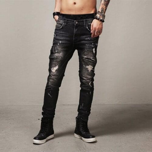 Men Fashion Swag Biker Skinny Jeans Hole Cotton Black Brand Kanye West Style Motorcycle Denim Cargo Pants Ripped Hip-Hop Jeans