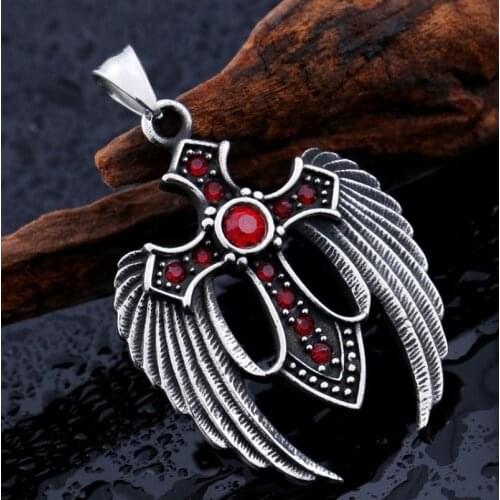 Classic Fashion Trend Punk Stainless Steel Double Wings Cross Cross 3 Color Stone Feather Pendant Mens Pendant Necklace