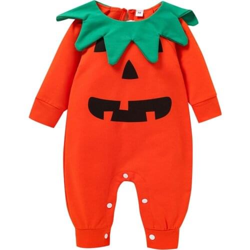 0-24m Unisex Baby Halloween Romper Baby Orange Color Pumpkin Face Print Long Sleeve Jumpsuits For Baby Boys Girls Playsuits