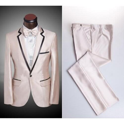 New Style Mens Suits Groomsmen Notch Lapel Groom Tuxedos Shiny Champagne Wedding Best Man Suit (Jacket+Pants+Bow Tie) B663