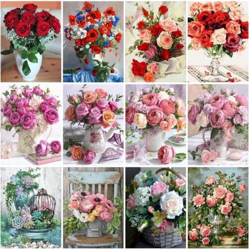PhotoCustom Paint By Numbers Flowers 60x75cm Oil Painting By Numbers On Canvas Rose Frameless DIY Hand Painting Home Decor