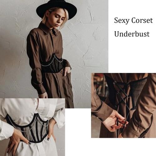Sexy Underbust Corset Women Wide Belt Modeling Strap with Chain Shirt Corset Waist Slimming Belt Women Corset Black White Lace
