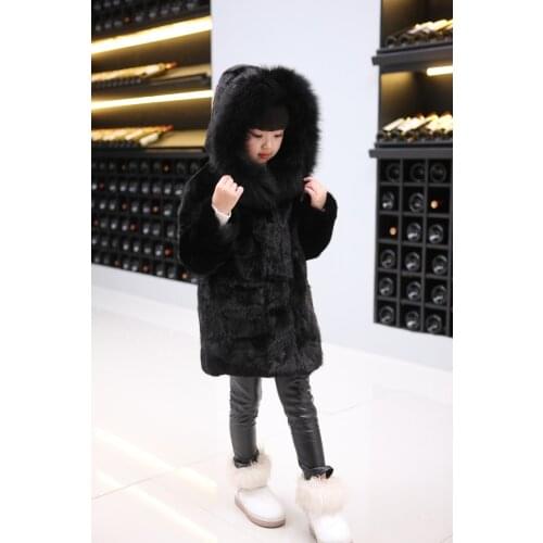 NEW real genuine natural kids mink fur coat with fox fur hood child fashion black color jacket girls outwear warm winter