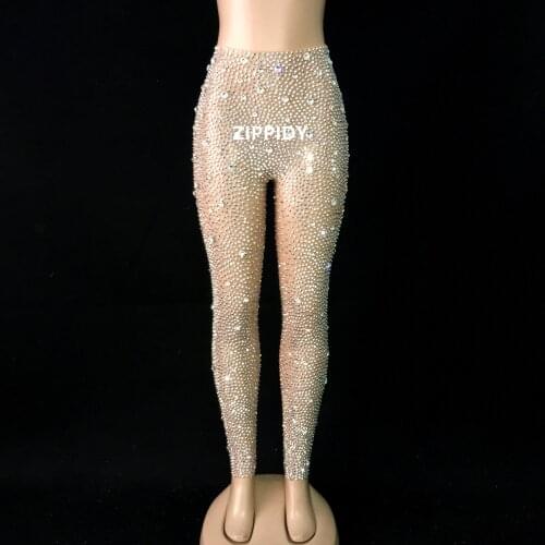 Silver Rhinestones Dance Costumes Leotard Pants Performance Stage Outfit Stretch Nude Mesh Transparent Leggings Bodysuit