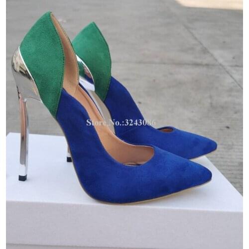 Lady New Metal Heel Blue Green Color Pumps Shoes Women Sexy Pointed Toe Stiletto Heel Single Shoes Fashion Real Photo Party Heel