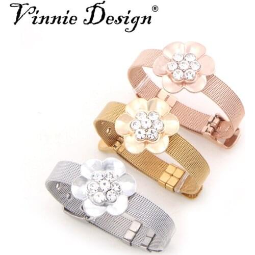 Vinnie Design Jewelry Stainless Steel Mesh Bracelet Set with Big Size Flower Slide Charms