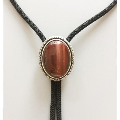 Vintage Silver Plated Nature Red Tiger Eye Stone Western Oval Bolo Tie Neck Tie With Sky Systems Fiber Braided Rope Stock in US