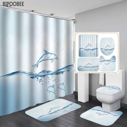 Funny Shower Curtains Durable Fabric Dolphin Bathroom Curtain Washroom Non-slip Carpets Pedestal Rug Toilet Lid Cover Bath Mats