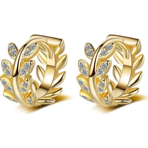Womens Elegant Retro Hoop Earrings Leaf Shaped Crystal Zircon Golden/White Shiny Huggie Vintage Charming Ear Piercing Jewelry