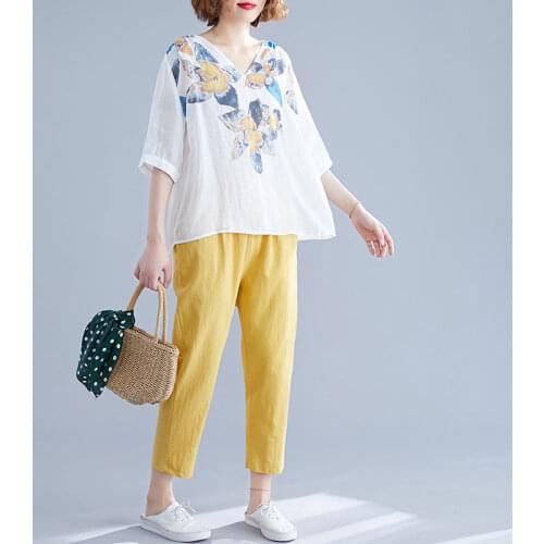 Womens Summer New Plus Size Suit Fashion V-neck Printing 2 Piece Set Female Retro Cotton Linen Loose Leisure Two Piece Set