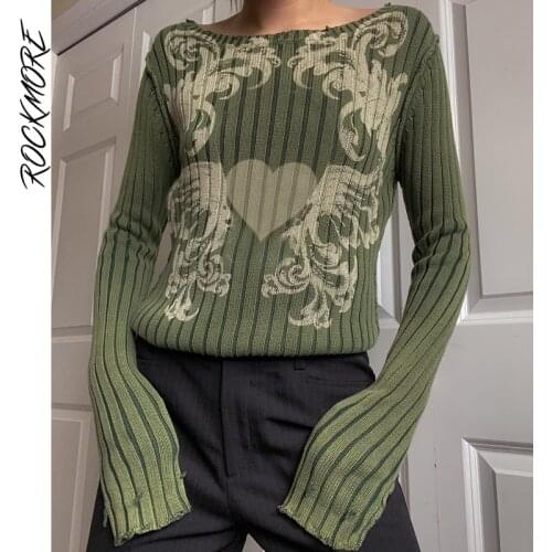 Rockmore Vintage Print Sweaters Women Casual Knitted Jumpers Autumn Y2K Aesthetic Sweater Pullovers Long Sleeve Knitwear Grunge