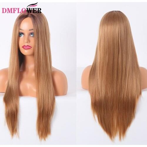Womens synthetic straight hair wig 24 inch long black to brown gradient artificial hair heat resistant