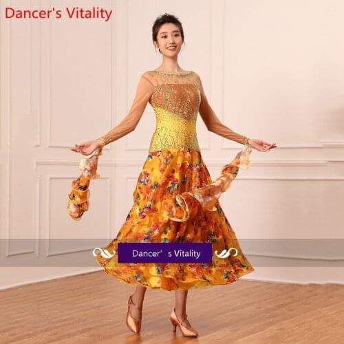 Women Ballroom Cut out Big Hem Dress Performance Costume National Standard Racing Outfits New Waltz Modern Jazz Dancing Clothes
