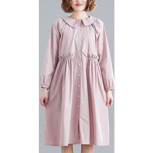 Women Cotton Knee-length Dress New Arrival 2020 Autumn Korean Simple Style Solid Color Loose Ladies Elegant Party Dresses S2448