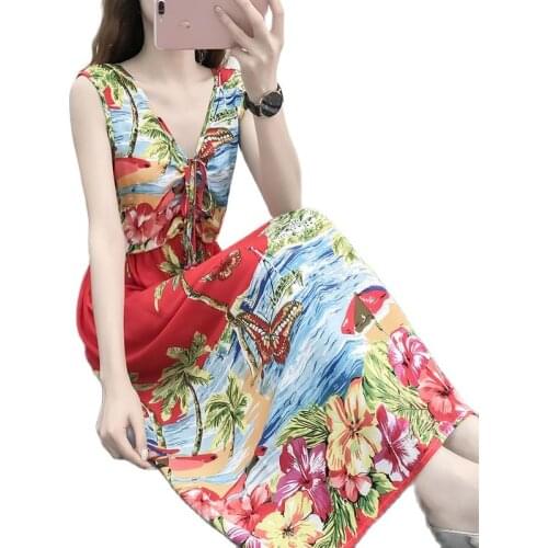 2021 New Summer Sexy Cotton Dress Women fashion V - neck Sleeveless vest Florl Print Ruffle Bohemia long Dresses